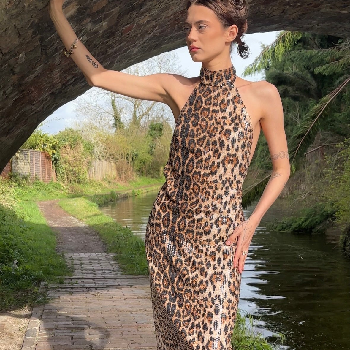 Animal Print Halter Sequin Maxi Dress HV2933