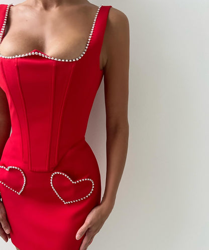 Crystal Heart Corset Two Piece Dress Red HV1325