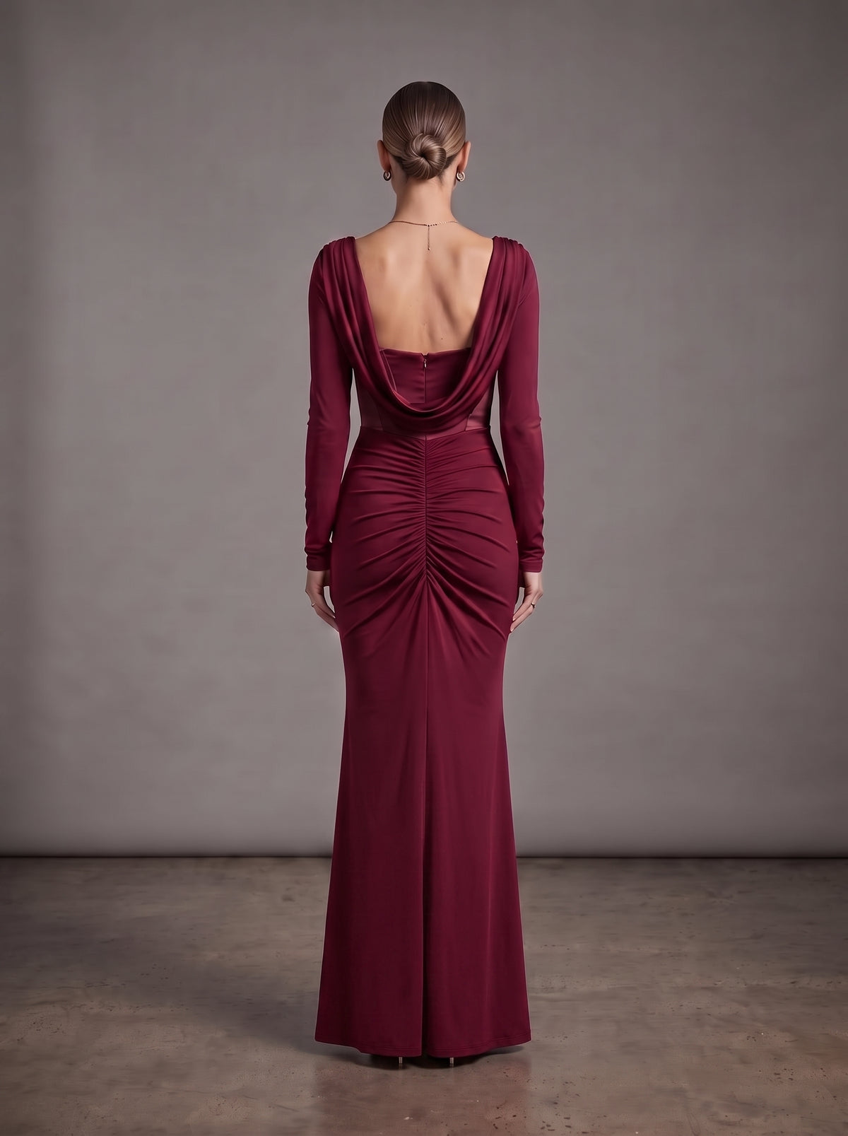Long Sleeve Draped Bustier Maxi Dress Burgundy HV3231