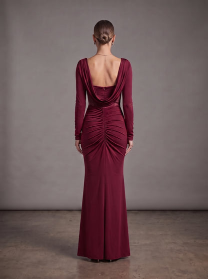 Long Sleeve Draped Bustier Maxi Dress Burgundy HV3231