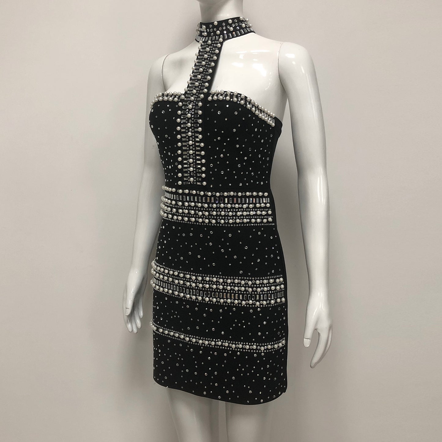 Halter Pearl Crystal Dress Black HV2723