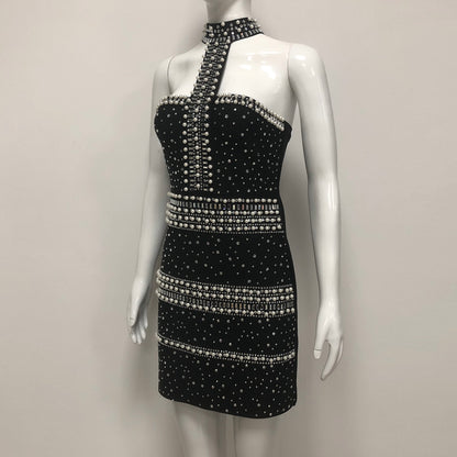 Halter Pearl Crystal Dress Black HV2723