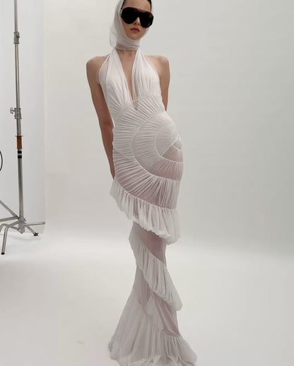 Halter Ruched Ruffle Maxi Dress White HV2589
