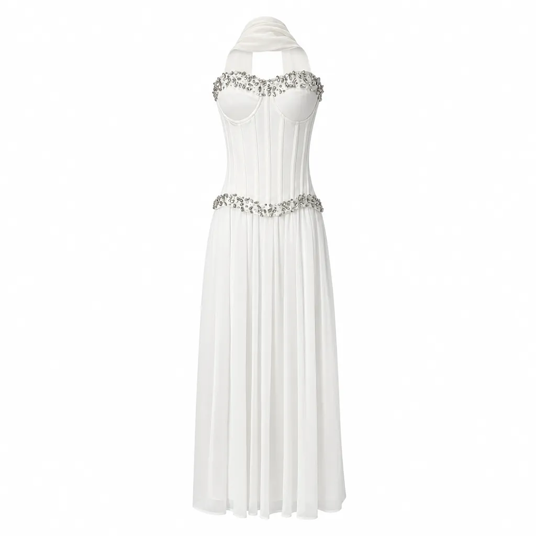 Strapless Embellished Bustier A Line Maxi Dress White HV3181