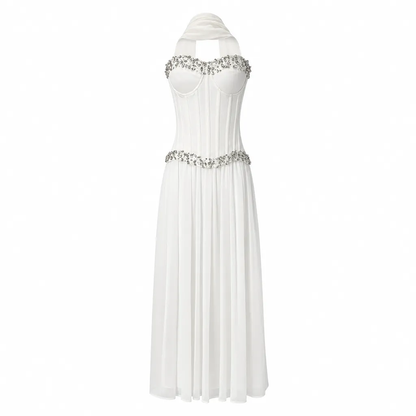Strapless Embellished Bustier A Line Maxi Dress White HV3181