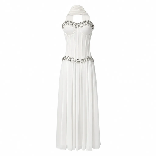 Strapless Embellished Bustier A Line Maxi Dress White HV3181