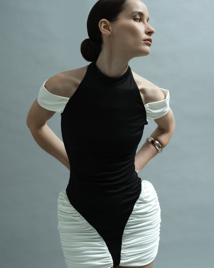 Cold Shoulder Ruched Dress Black White HV2660