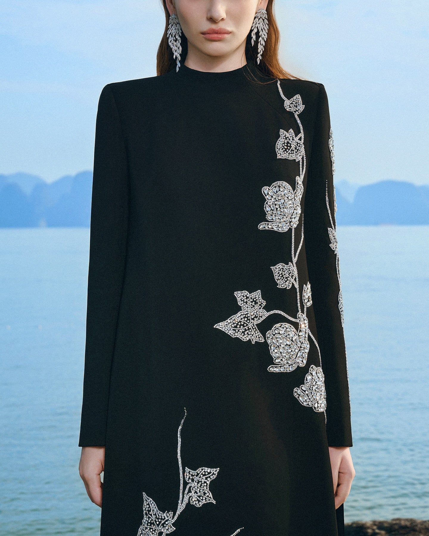 Long Sleeve Floral Crystal Maxi Dress Black HV2646