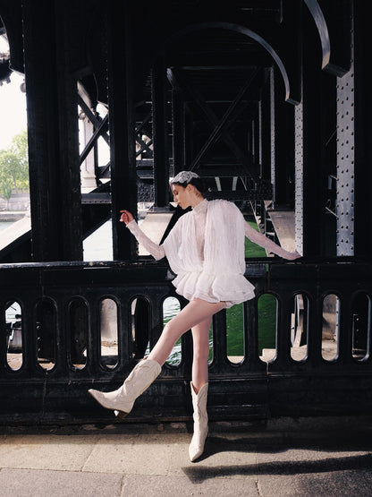 Long Sleeve Draped Lace Ruffle Dress White HV3119