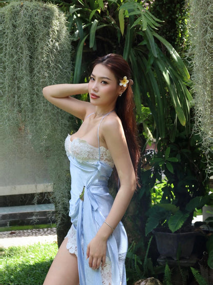 Strapless Lace Insert Maxi Dress Blue White HV3213