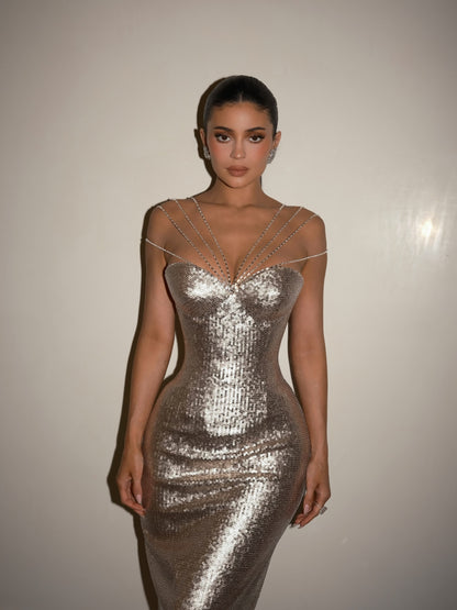 Strappy Bustier Sequin Maxi Dress Silver HV2925