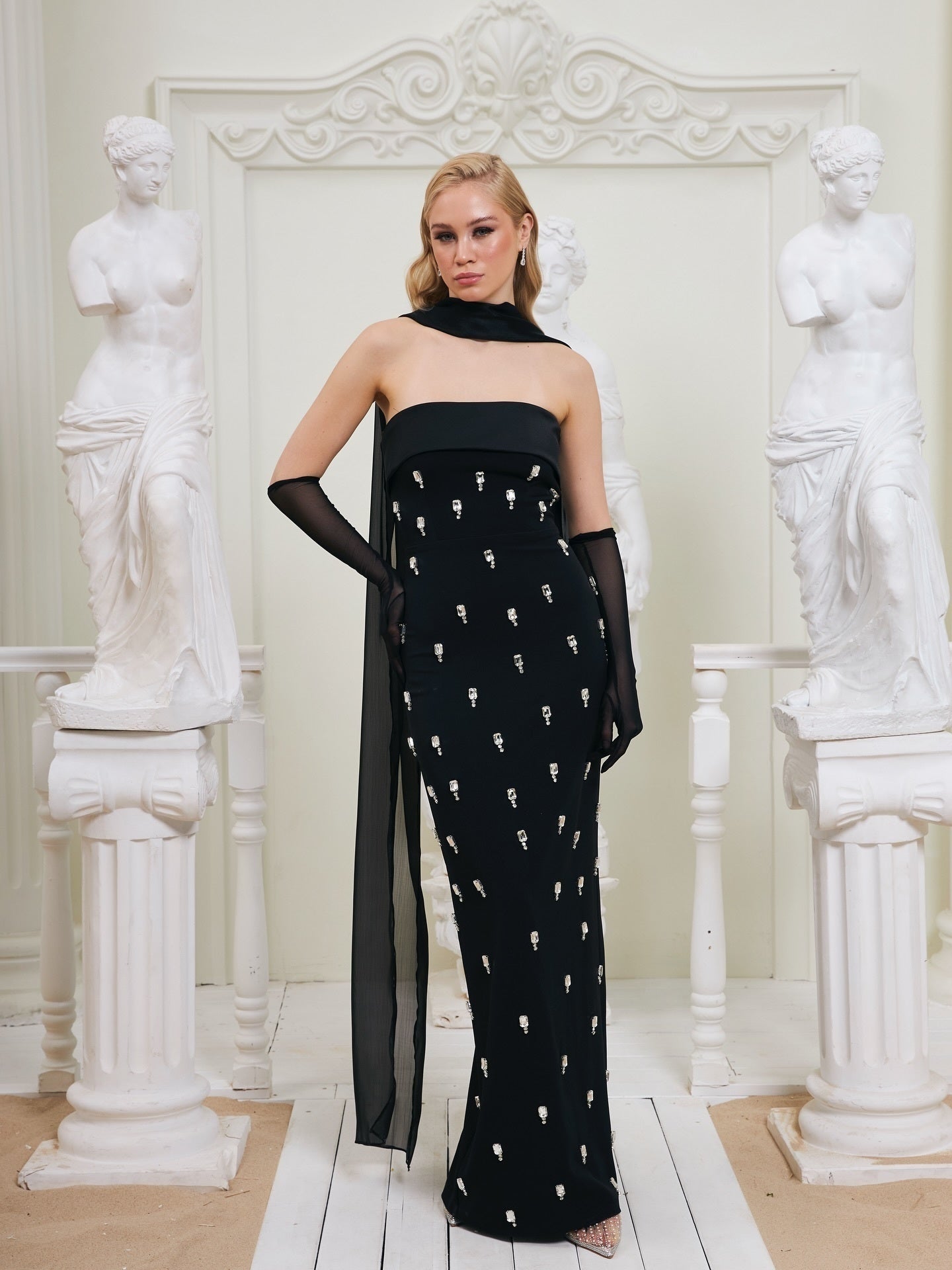 Strapless Crystal Detail Scarf Maxi Dress Black HV2342