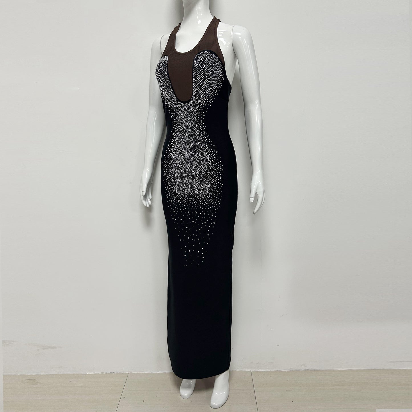 Crystal Mesh Insert Maxi Dress Black HV3128