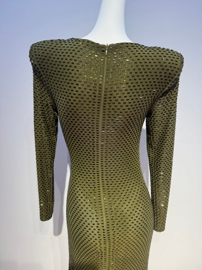 Long Sleeve Embellished A Line Midi Dress Green HV2836
