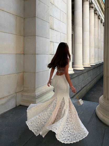 Strappy Lace Maxi Dress Ivory HV0161