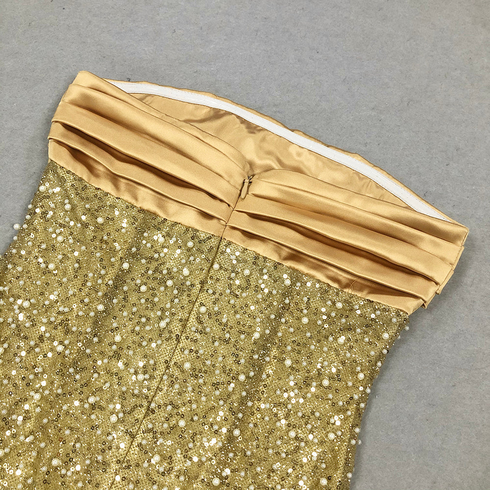 Strapless Pearl Sequin Maxi Dress Gold HV1519