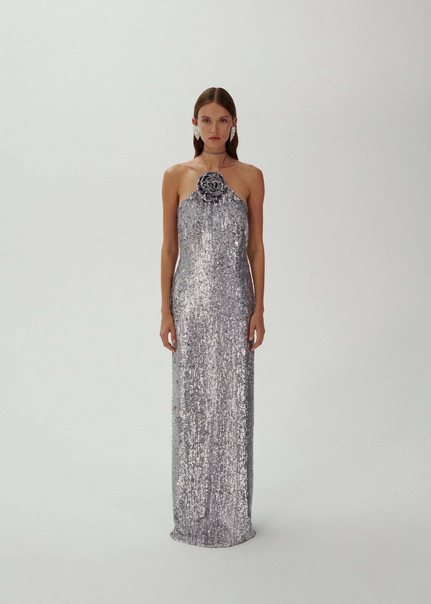 Halter Floral Sequin Maxi Dress Silver HV1692