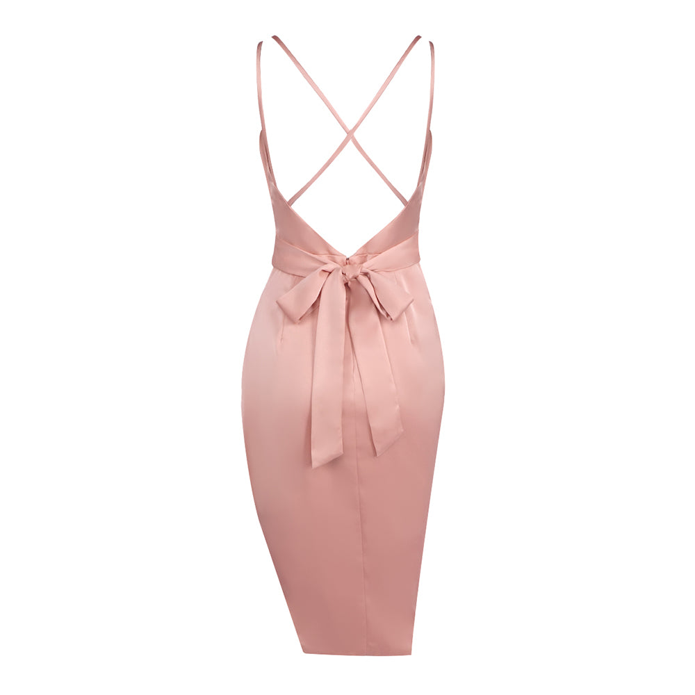 Draped Strappy Back Midi Silk Dress Pink HV0004