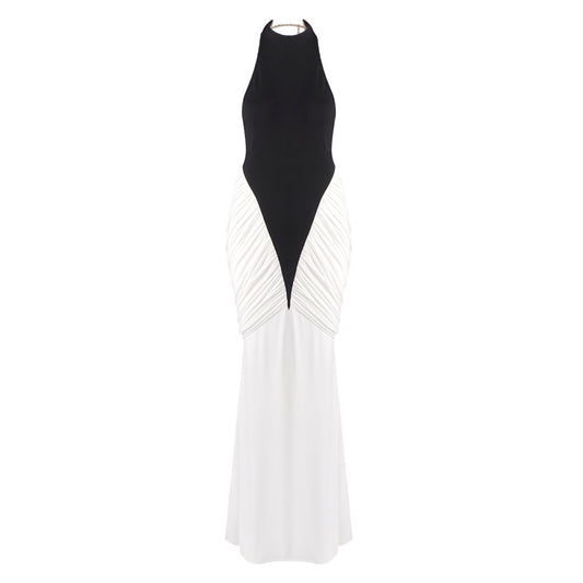 Halter Draped Detail Maxi Dress Black White HV2656