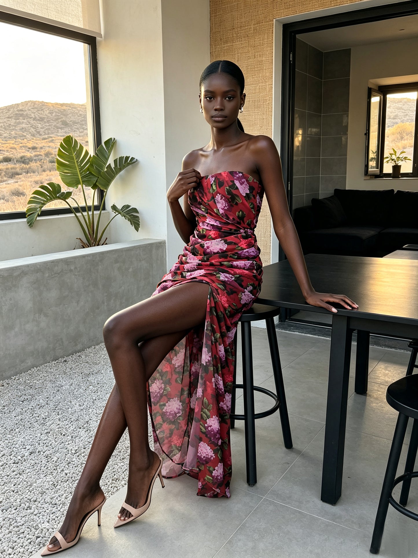 Strapless Draped Floral Maxi Dress Red HV3174