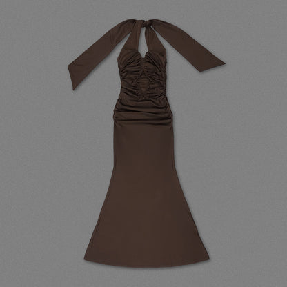 Halter Ruched Maxi Dress Brown HV2662