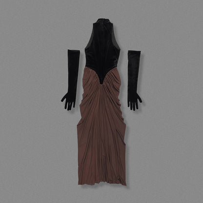 Halter Draped Maxi Velvet Dress Black Brown HV