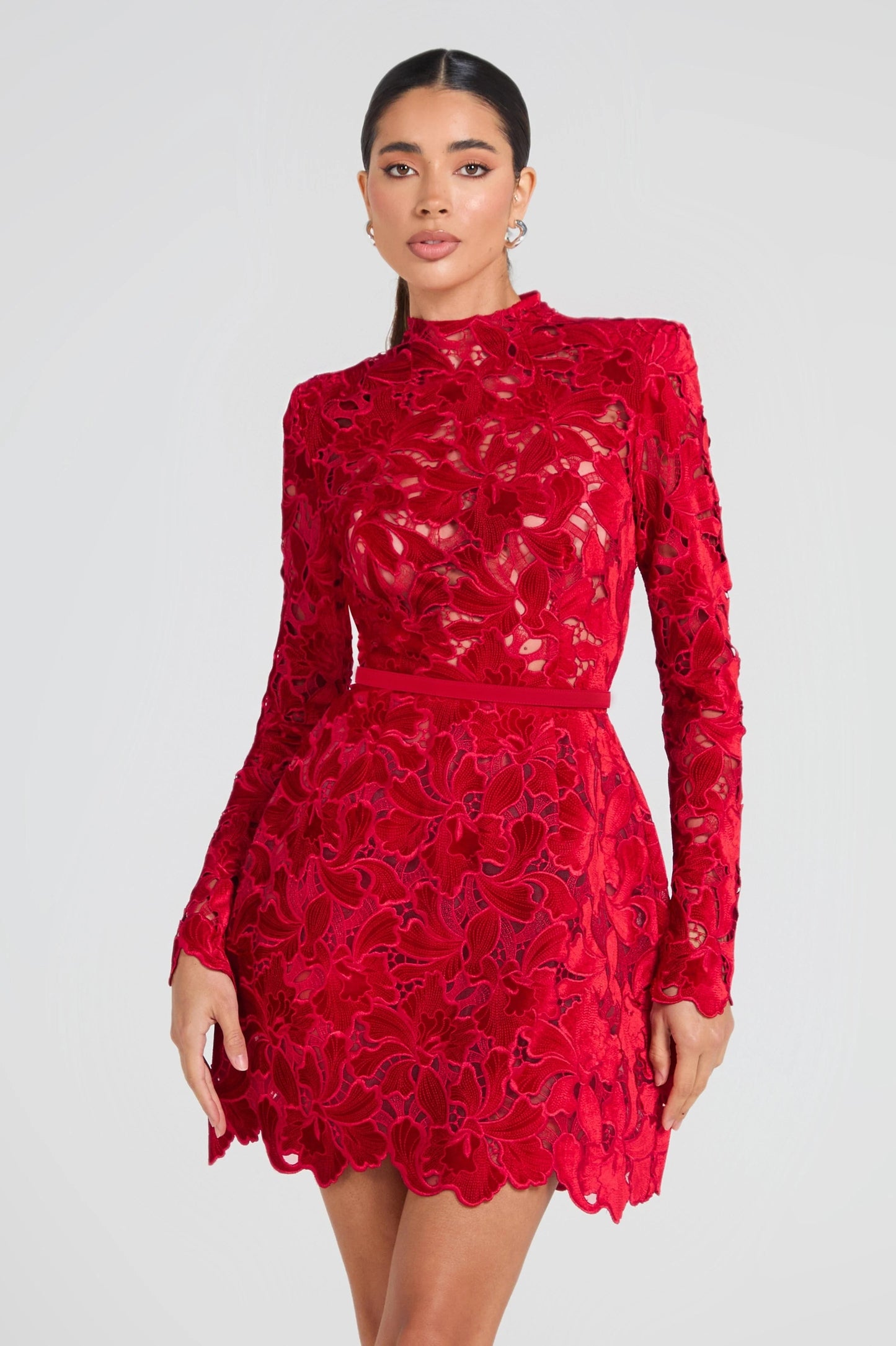 Long Sleeve Crochet Dress Red HV2676