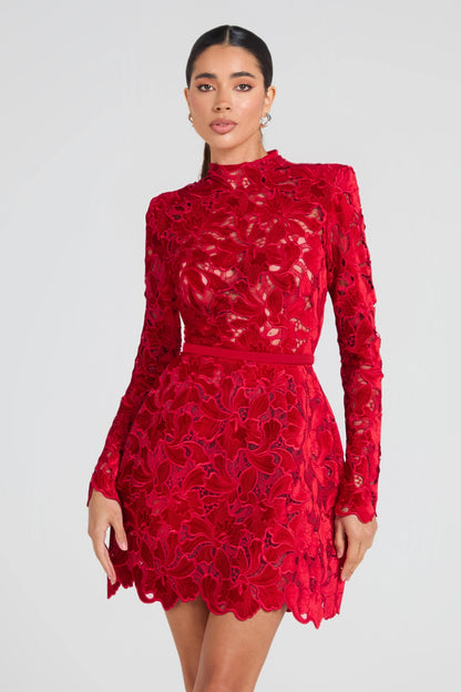 Long Sleeve Crochet Dress Red HV2676