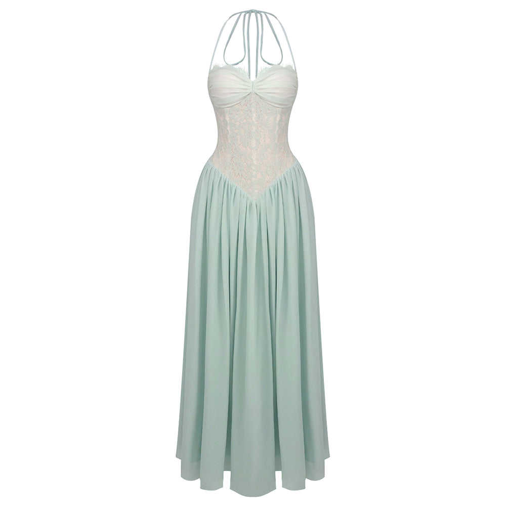 Halter Lace Corset A Line Maxi Dress HV0149