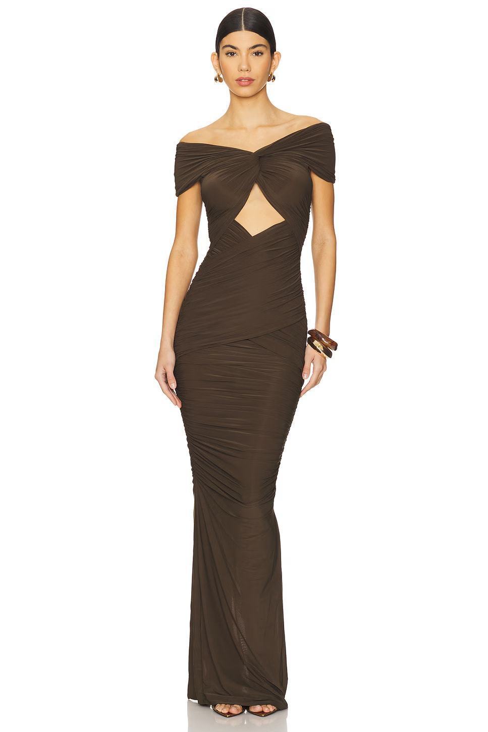 Draped Bardot Maxi Dress Brown HV2354