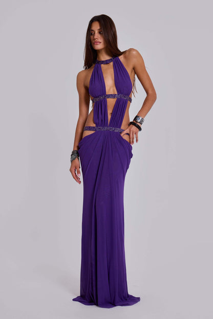 Halter Sequin Detail Draped Maxi Dress HV2853