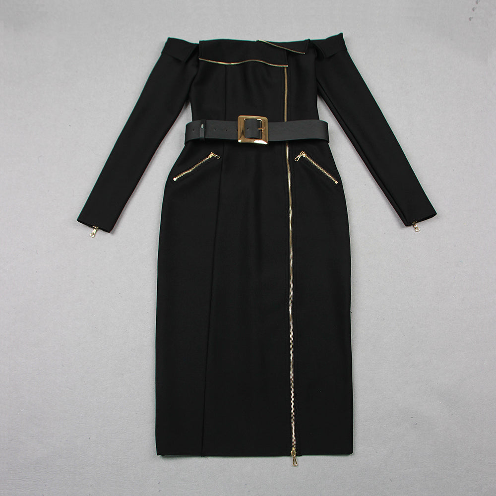 Long Sleeve Off Shoulder Belt Midi Dress Black HV9903