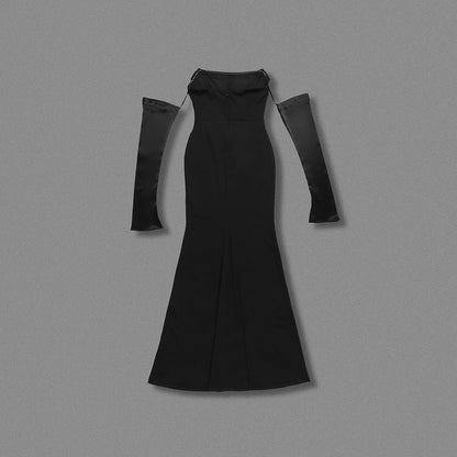 Long Sleeve Strapless Draped Maxi Dress HV2127