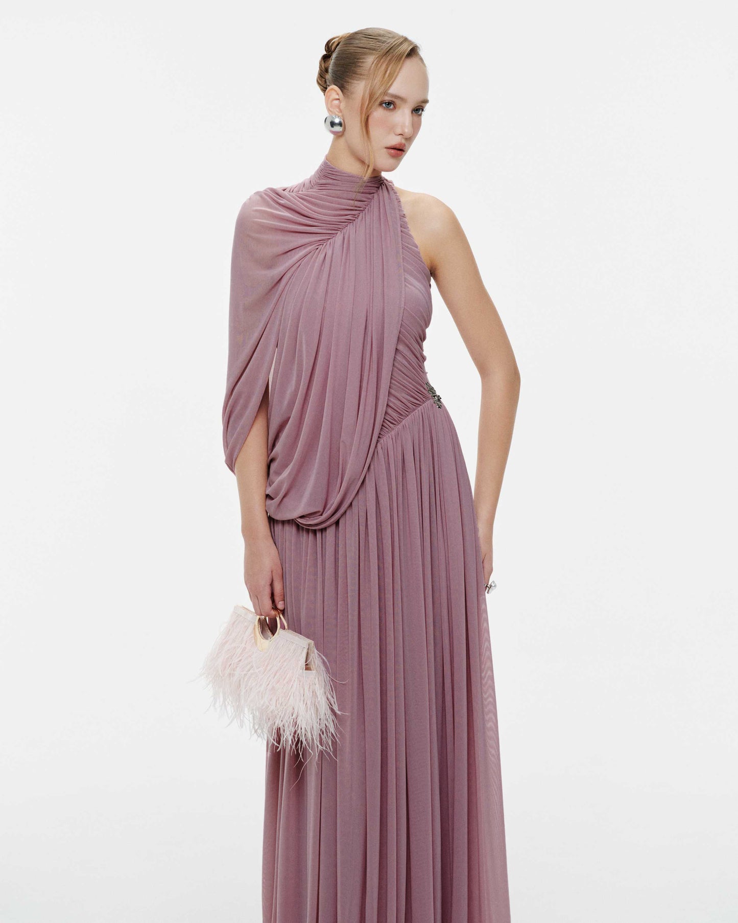 One Sleeve Draped A Line Maxi Dress Pink HV2683