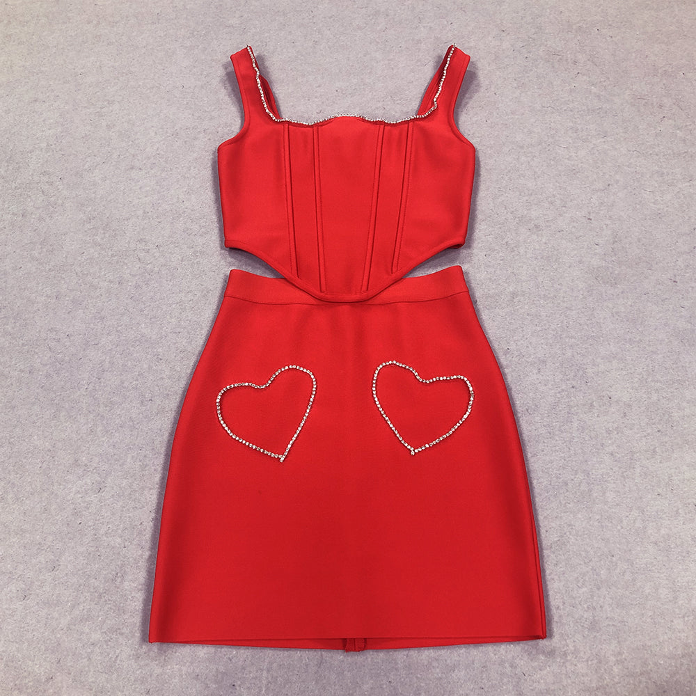 Crystal Heart Corset Two Piece Dress Red HV1325