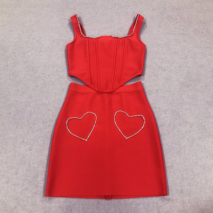 Crystal Heart Corset Two Piece Dress Red HV1325