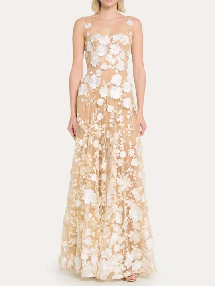 Floral Embroidered Maxi Dress White Nude HV1501