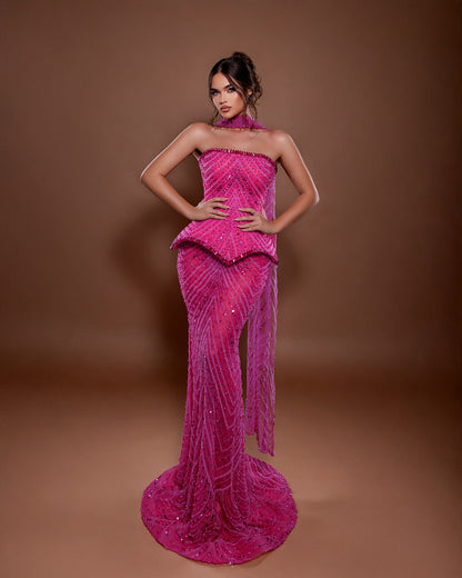 Strapless Crystal Sequin Maxi Dress Hot Pink HV2818