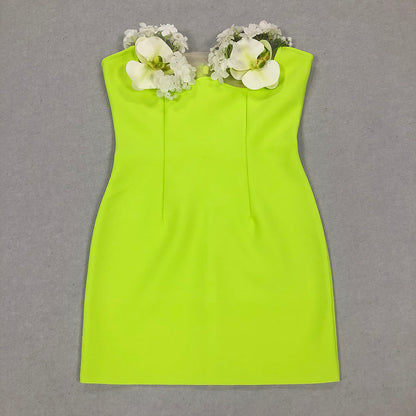 Strapless Floral Dress Neon Green HV1596