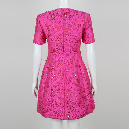 Short Sleeve Floral Sequin Dress Hot Pink HV1309