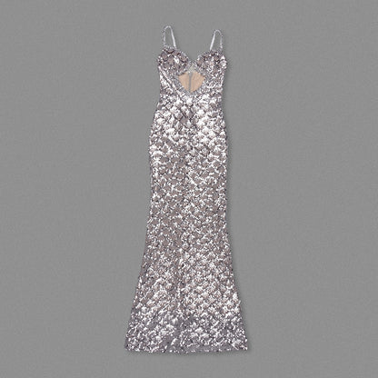 Crystal Bustier Sequin Maxi Dress Silver HV1627