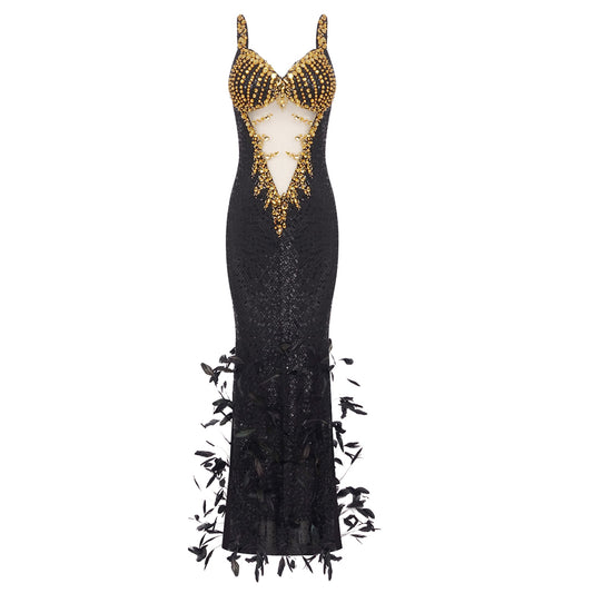 Crystal Feather Sequin Maxi Dress Black Gold HV1234