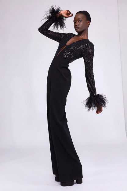 Long Sleeve Sequin Feather Jumpsuit Black HV1079