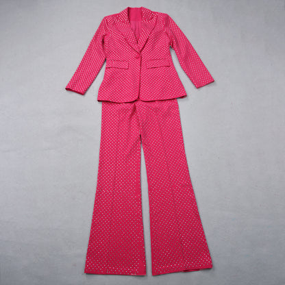 Sparkly Long Sleeve Three Piece Suit Hot Pink  HV9601