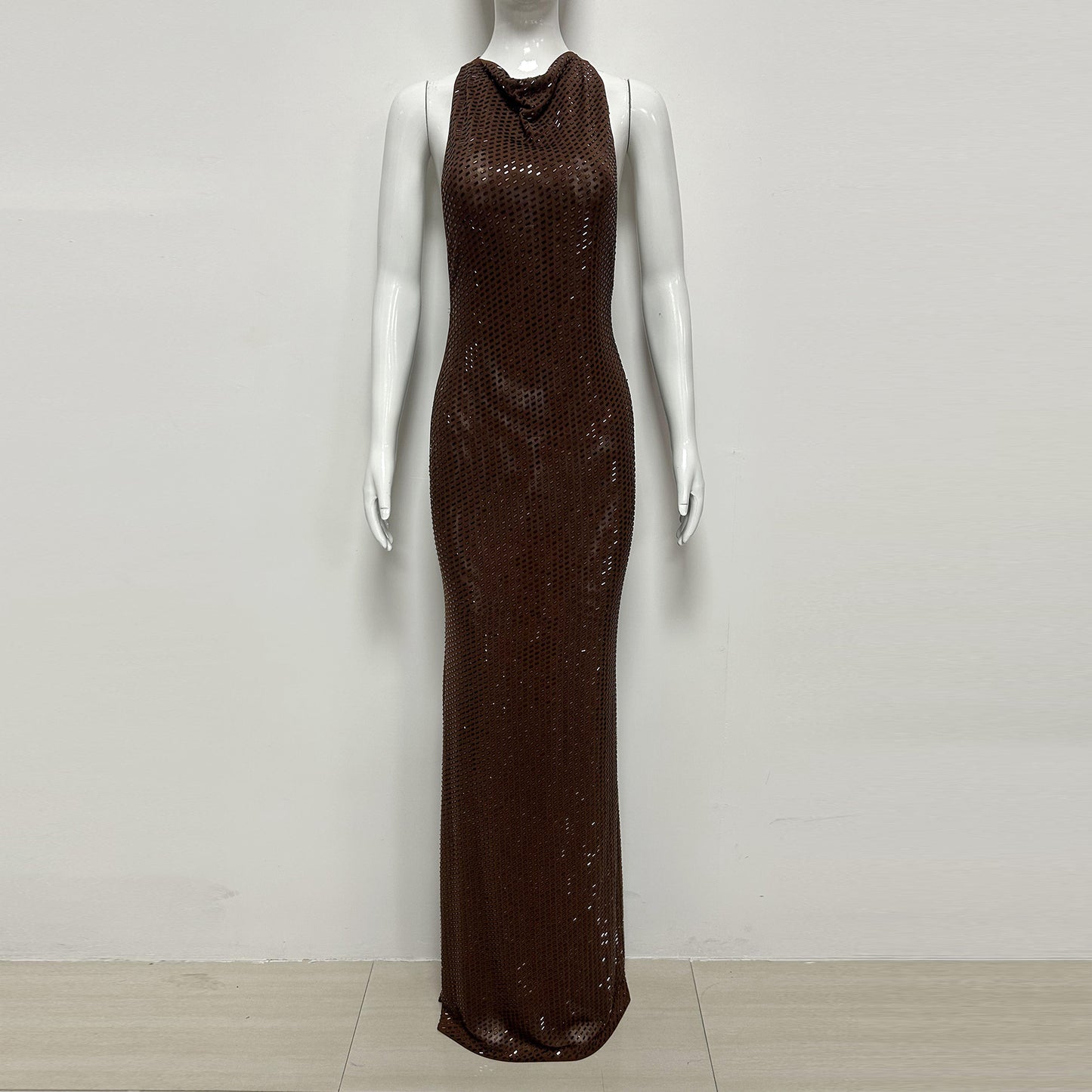 Draped Neckline Sparkly Maxi Dress Brown HV3105