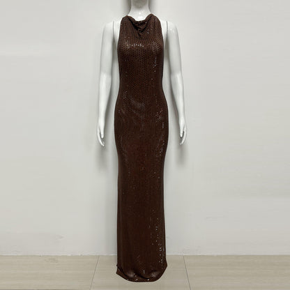 Draped Neckline Sparkly Maxi Dress Brown HV3105