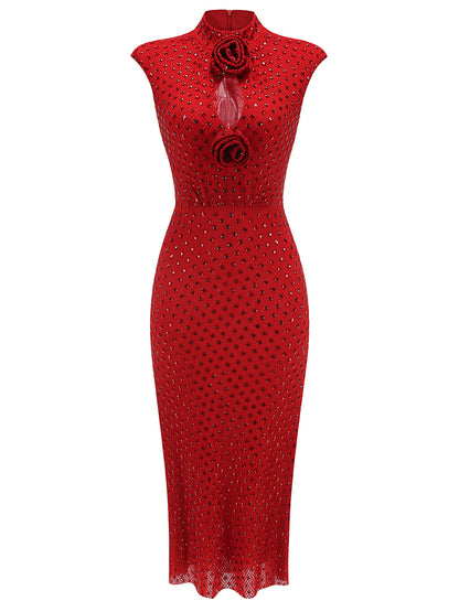 Floral Detail Sparkly Midi Dress Red HV2213