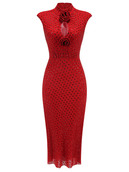 Floral Detail Sparkly Midi Dress Red HV2213