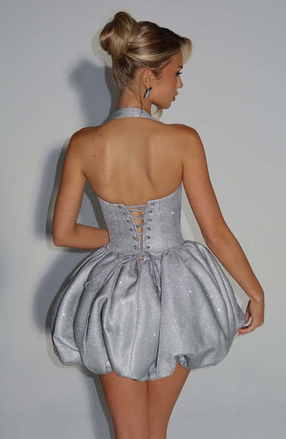 Halter Sparkly Bubble Corset Dress Silver HV2749