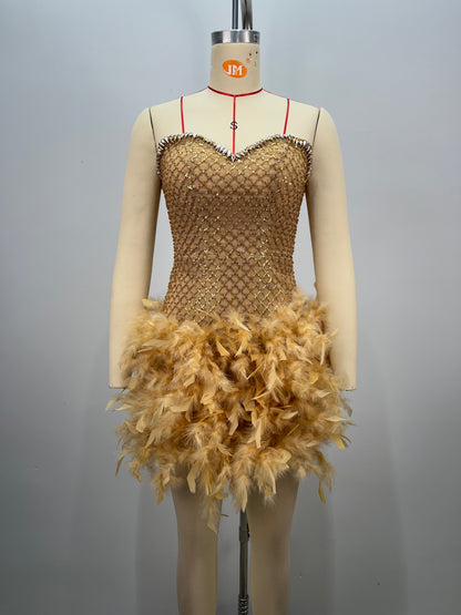 Crystal Strapless Feather Dress Gold HV2700